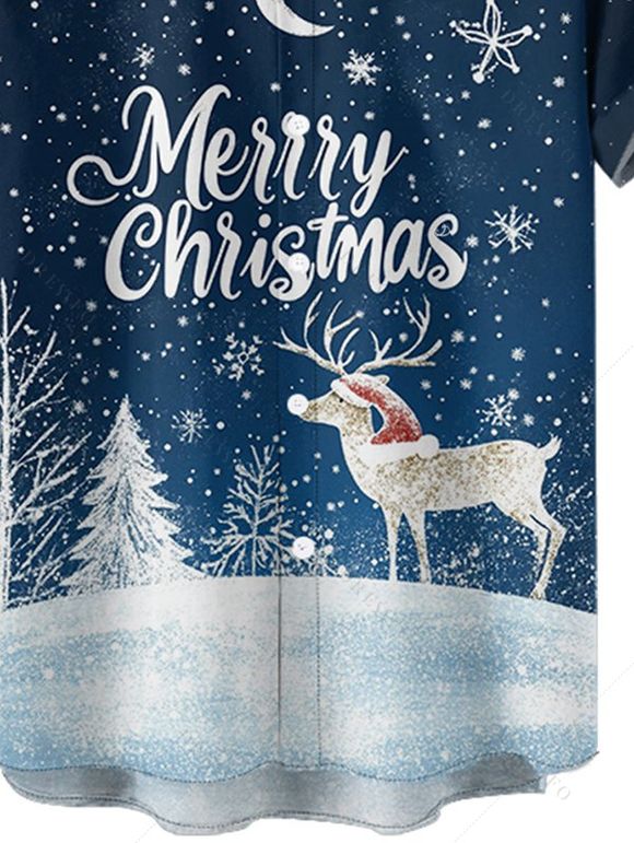 Chemise Boutonnée Cerf de Noël Lune et Neige Imprimés à Manches Courtes - Bleu de Minuit 3XL