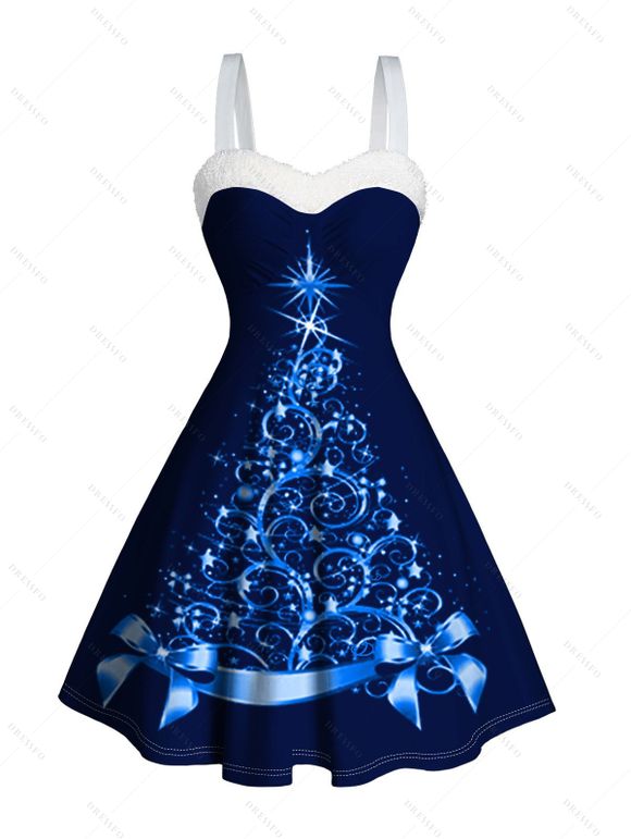 Mini Robe Arbre de Noël Imprimé Panneau en Fausse Fourrure à Volants - Bleu profond XXXXXL | US 20