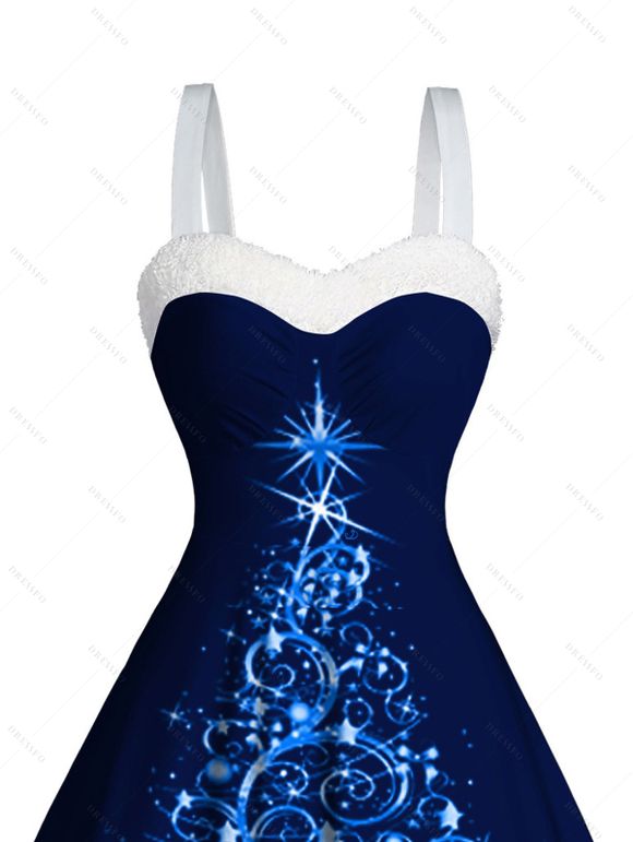 Mini Robe Arbre de Noël Imprimé Panneau en Fausse Fourrure à Volants - Bleu profond XXXL | US 16
