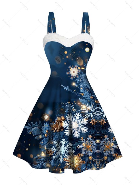 Mini Robe Flocon de Neige Noël Imprimé Panneau en Fausse Fourrure à Volants - Bleu de Minuit XXXXXL | US 20