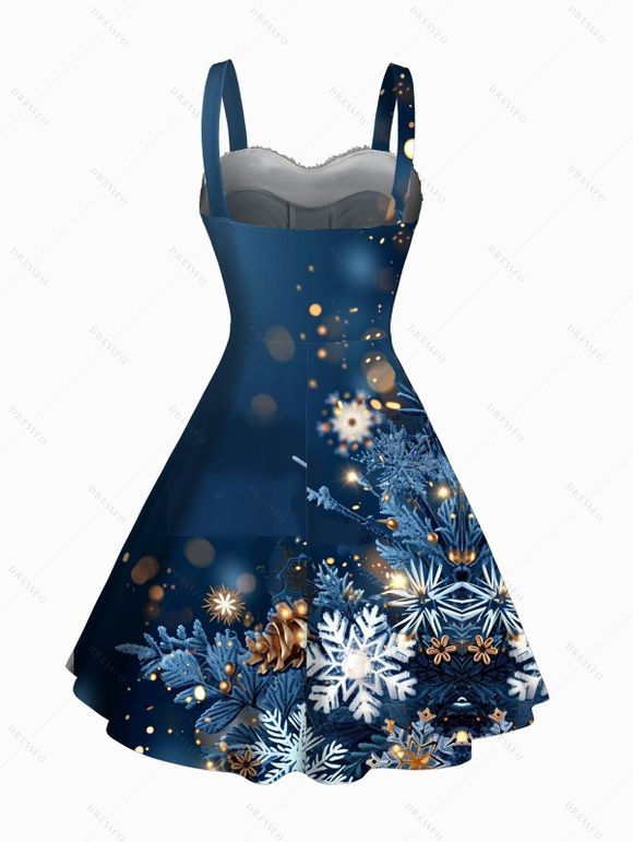 Mini Robe Flocon de Neige Noël Imprimé Panneau en Fausse Fourrure à Volants - Bleu de Minuit XXXXXL | US 20