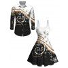 Christmas Glitter Snowflake Print Faux Fur Panel A Line Mini Dress And Long Sleeve Shirt Matching Outfit - Noir S | US 4