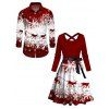 Christmas Snowflake Elk Sleigh Ride Print Crisscross Bowknot Belted Dress And Long Sleeve Shirt Matching Outfit - Rouge foncé S | US 4