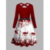 Christmas Snowflake Elk Sleigh Ride Print Crisscross Bowknot Belted Dress And Long Sleeve Shirt Matching Outfit - Rouge foncé S | US 4