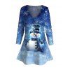 T-shirt Décontracté de Noël Flocon de Neige et Bonhomme de Neige Imprimés à Taille Haute à Manches Longues - Bleu profond XXXXXL | US 20