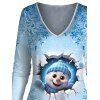 T-shirt Décontracté de Noël Flocon de Neige et Bonhomme de Neige Imprimés à Taille Haute à Manches Longues - Bleu clair XXXXXL | US 20