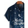 Chemise Boutonnée Cerf de Noël Lune et Neige Imprimés à Manches Courtes - Bleu de Minuit 5XL