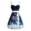 Christmas Snow Elk Moon Night Letter Print Belted Mini Dress And Button Up Short Sleeve Shirt Matching Outfit - Bleu de Minuit S | US 4