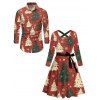 Christmas Tree Snowflake Print Crisscross Bowknot Belted Dress and Button Up Turndown Collar Shirt Outfit - Rouge S | US 4