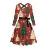 Christmas Tree Snowflake Print Crisscross Bowknot Belted Dress and Button Up Turndown Collar Shirt Outfit - Rouge S | US 4