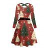 Christmas Tree Snowflake Print Crisscross Bowknot Belted Dress and Button Up Turndown Collar Shirt Outfit - Rouge S | US 4