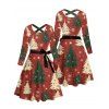 Christmas Tree Snowflake Print Crisscross Bowknot Belted Dress and Button Up Turndown Collar Shirt Outfit - Rouge S | US 4