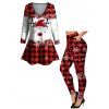 Christmas Checkerboard Hat Snowflake Antlers Print Contrast Color T-shirt and Leggings Outfit - Rouge S | US 4