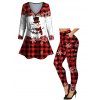 Christmas Checkerboard Hat Snowflake Antlers Print Contrast Color T-shirt and Leggings Outfit - Blanc S | US 4