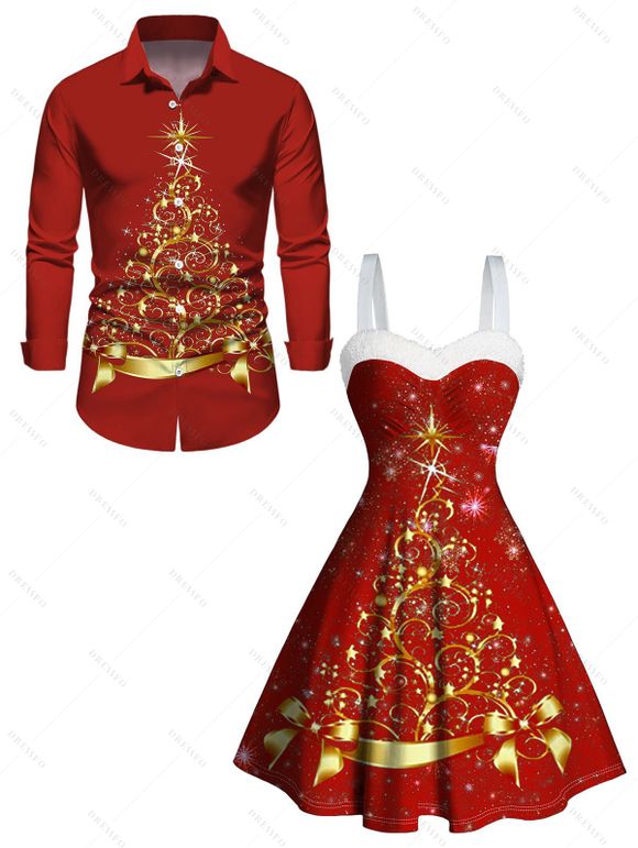 Glitter Christmas Tree Print Faux Fur Panel A Line Mini Dress And Long Sleeve Shirt Matching Outfit - Rouge S | US 4