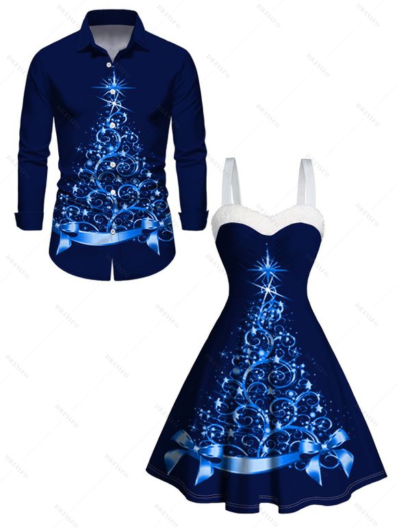 Glitter Christmas Tree Print Faux Fur Panel A Line Mini Dress And Long Sleeve Shirt Matching Outfit - Bleu profond S | US 4