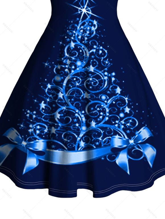 Glitter Christmas Tree Print Faux Fur Panel A Line Mini Dress And Long Sleeve Shirt Matching Outfit - Bleu profond S | US 4