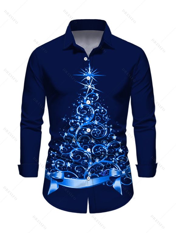 Glitter Christmas Tree Print Faux Fur Panel A Line Mini Dress And Long Sleeve Shirt Matching Outfit - Bleu profond S | US 4