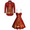 Glitter Christmas Tree Print Faux Fur Panel A Line Mini Dress And Long Sleeve Shirt Matching Outfit - Rouge S | US 4