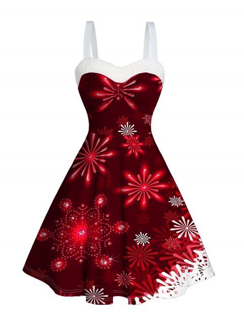 Christmas Galaxy Snowflake Print Mini Dress Faux Fur Panel Ruched Bust Sweetheart Neck Tank Dress