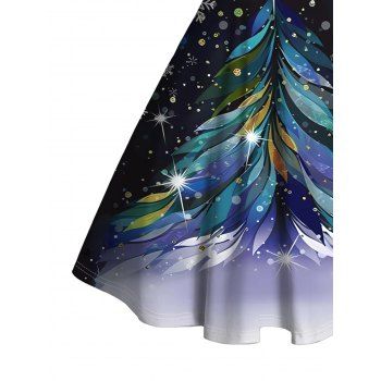 Feather Christmas Tree Galaxy Snowflake Print Mini Dress Faux Fur Panel Ruched Bust Sweetheart Neck Tank Dress