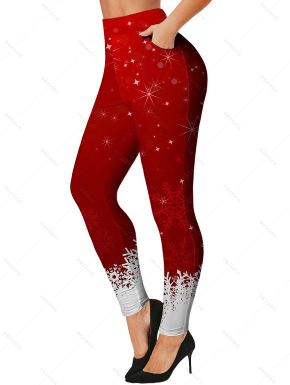 Christmas Snowflake Print Contrast Color Skinny Leggings High Waist Casual Long Leggings - DEEP RED XXL | US 14