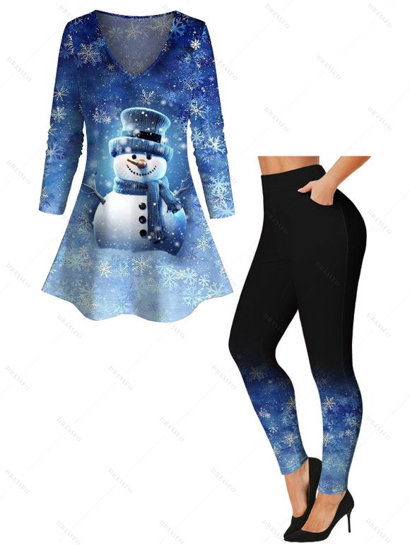 Christmas Cute Snowman Snowflake Print Long Sleeve T-shirt And High Waist Skinny Leggings Outfit - Bleu profond S | US 4