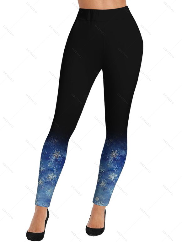 Christmas Cute Snowman Snowflake Print Long Sleeve T-shirt And High Waist Skinny Leggings Outfit - Bleu profond S | US 4