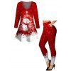 Christmas Snowflake Snowman Print Contrast Color Long Sleeve T-shirt And High Waist Skinny Leggings Outfit - Rouge S | US 4