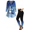 Christmas Cute Snowman Snowflake Print Long Sleeve T-shirt And High Waist Skinny Leggings Outfit - Bleu profond S | US 4