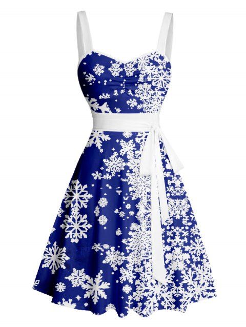 Mini Robe Ligne A Ceinturée Flocon de Neige Imprimée sans Manches à Volants