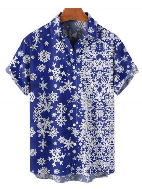 Chemise Boutonnée Flocon de Neige Noël Imprimée Partout à Manches Courtes