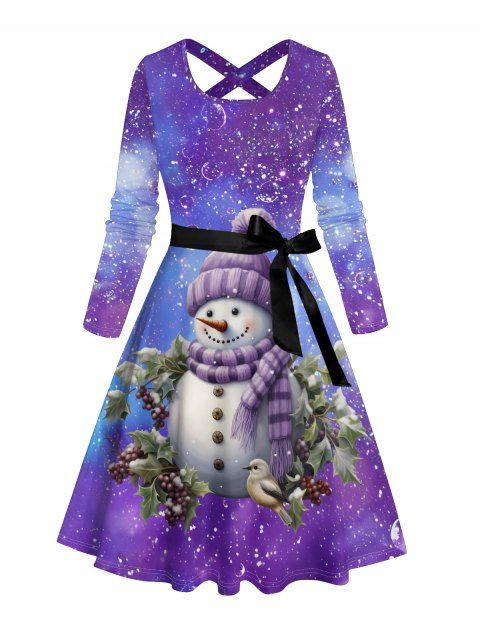 Robe Mi-Longue de Noël Croisée Ceinturée Bonhomme de Neige Galaxie Imprimée à Manches Longues