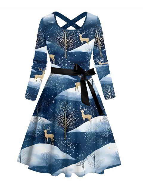 Robe Midi Imprimé Renne de Noël et Bonhomme de Neige avec Ceinture