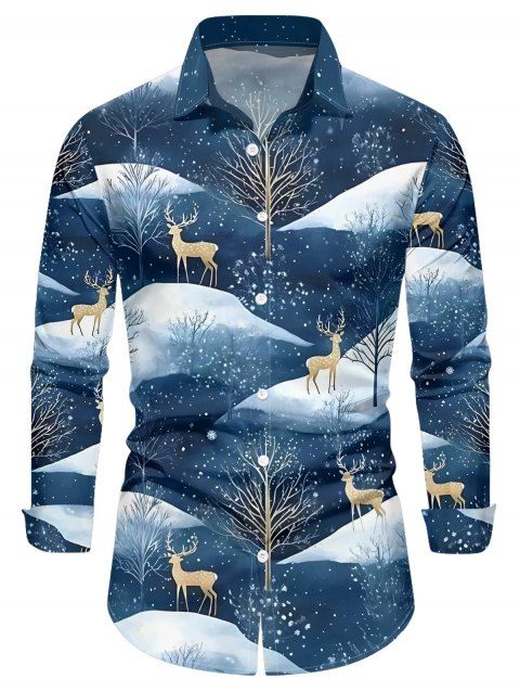 Chemise Décontractée Boutonnée Cerf de Neige Imprimé Partout à Manches Longues