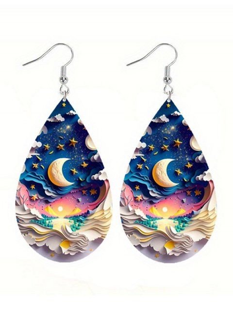 Boucles D'Oreilles Unique Scène de Lune et Goutte D'Eau Design