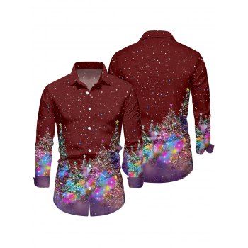 Sparkled Christmas Tree Print Long Sleeve Shirt Button Up Turndown Collar Casual Shirt