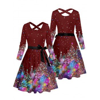 Christmas Sparkled Print Crisscross Long Sleeve Belted Midi Dress