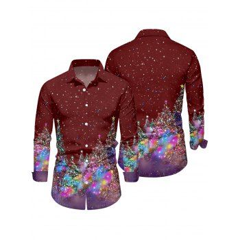 Sparkled Christmas Tree Print Long Sleeve Belted Midi Dress And Button Up Shirt Matching Outfit