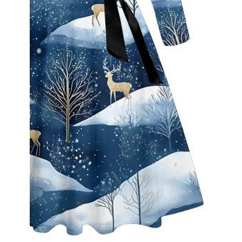 Christmas Elk Snowman Allover Print Belted Dress Long Sleeve Crisscross Midi Dress