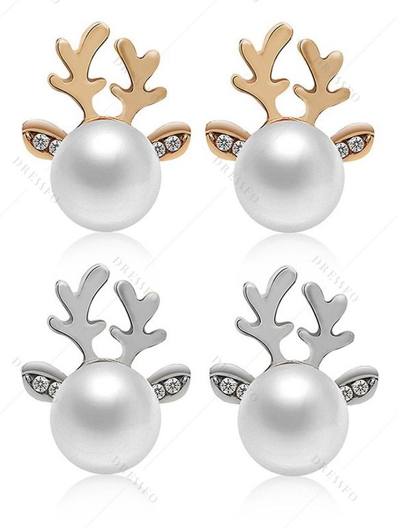 Boucles D'Oreilles Cerf de Noël avec Perle Design 2 Paires - multicolor A 