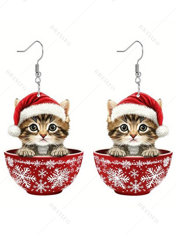 Boucles D'Oreilles en Acrylique Motif Adorable Chat et Flocon de Neige de Noël - multicolor A 