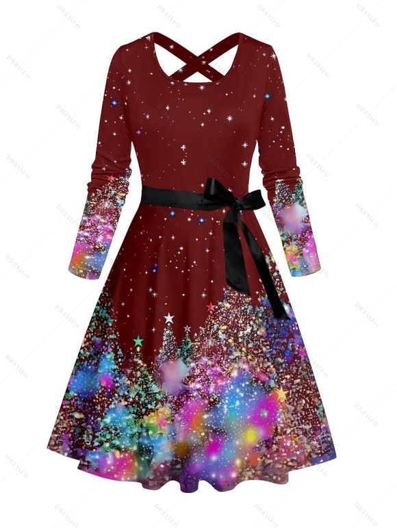 Sparkled Christmas Tree Print Long Sleeve Belted Midi Dress And Button Up Shirt Matching Outfit - Rouge foncé S | US 4
