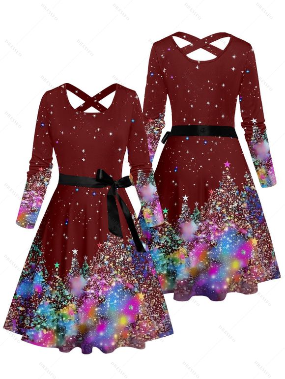 Sparkled Christmas Tree Print Long Sleeve Belted Midi Dress And Button Up Shirt Matching Outfit - Rouge foncé S | US 4
