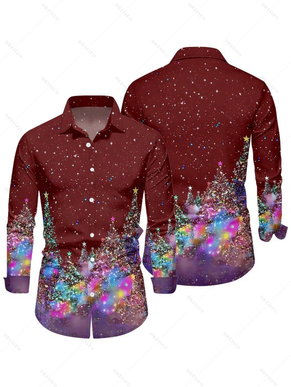 Sparkled Christmas Tree Print Long Sleeve Belted Midi Dress And Button Up Shirt Matching Outfit - Rouge foncé S | US 4