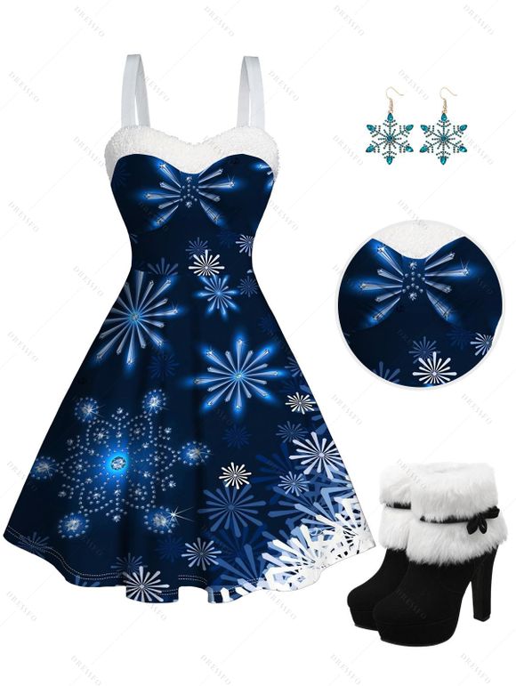 Christmas Galaxy Snowflake Print Sweetheart Neck Mini Dress And Faux Fur Boots Hook Drop Earrings Outfit - Bleu profond S | US 4