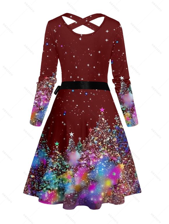 Robe Mi-longue Imprimée Graphique de Noël à Manches Longues avec Ceinture - Rouge foncé L | US 8-10