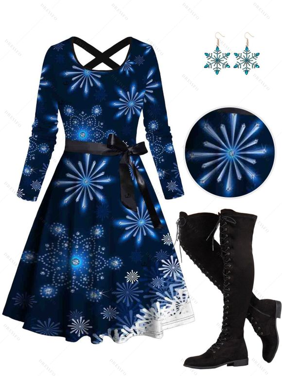 Christmas Snowflake Print Belted Long Sleeve Dress And Lace Up Over The Knee Boots Rhinestone Hook Drop Earrings Outfit - Bleu profond S | US 4