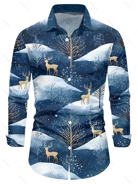 Chemise Décontractée Boutonnée Cerf de Neige Imprimé Partout à Manches Longues - Bleu gris 5XL