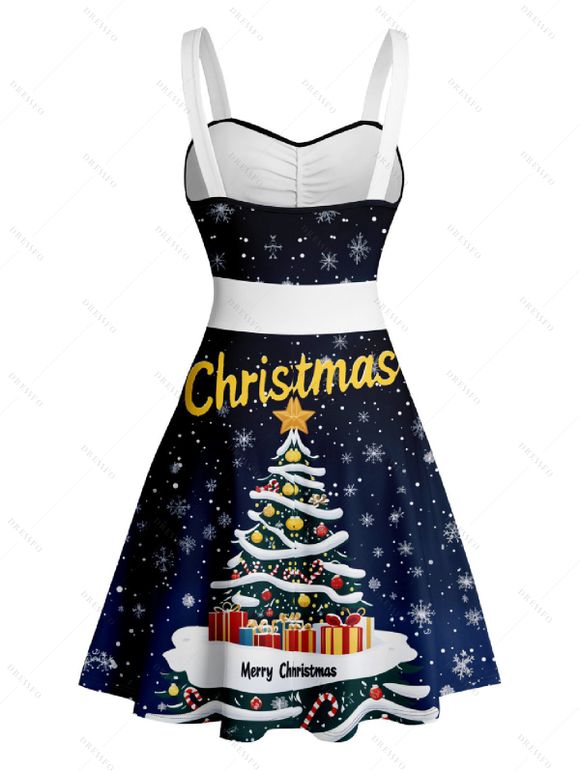 Mini Robe Ligne A Lettre Flocon de Neige et Sapin de Noël Imprimés Ceinturée sans Manches à Volants - Bleu profond XXXXL | US 18